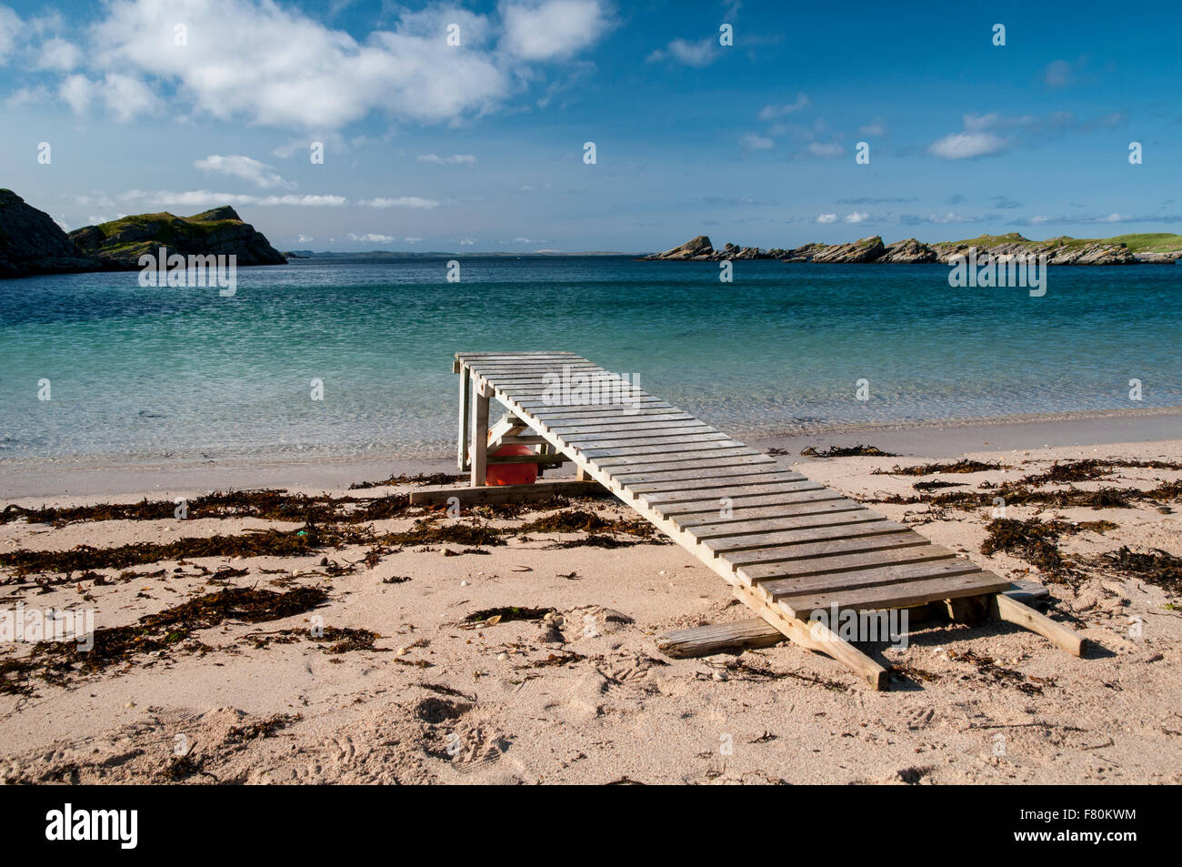Un mobile rampa di atterraggio sulla spiaggia di Porto un Eilein sull isola di Handa, Sutherland, Scozia. Agosto. Foto Stock