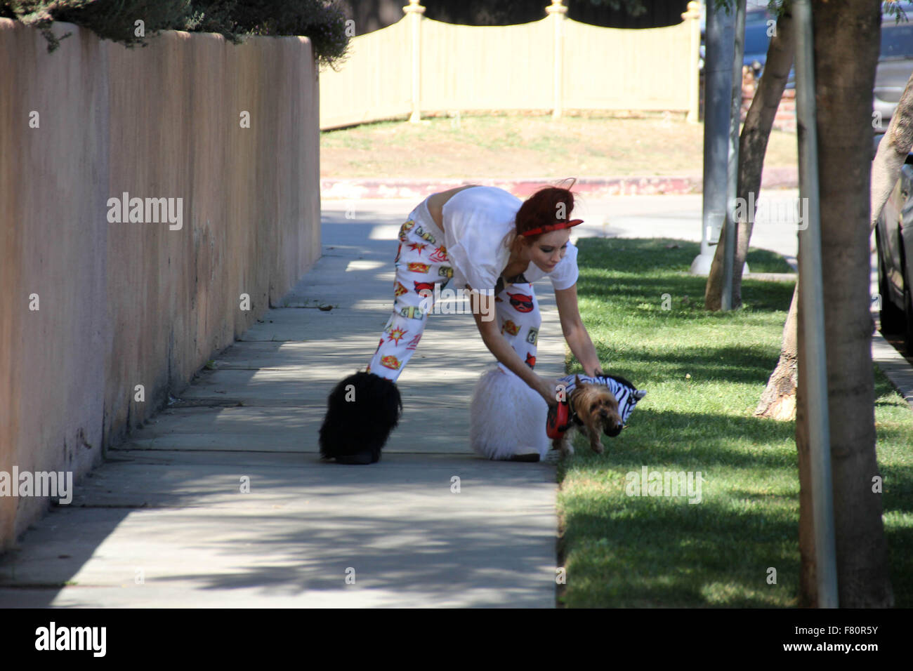 Phoebe prezzo sembra meno glamour rispetto al solito, con mis-matching bianca e stivali di pelliccia, pigiama style fondelli e strappata t-shirt, mentre si cammina per il suo cane in Encino dotate: Phoebe Prezzi Dove: Los Angeles, California, Stati Uniti quando: 02 Nov 2015 Foto Stock