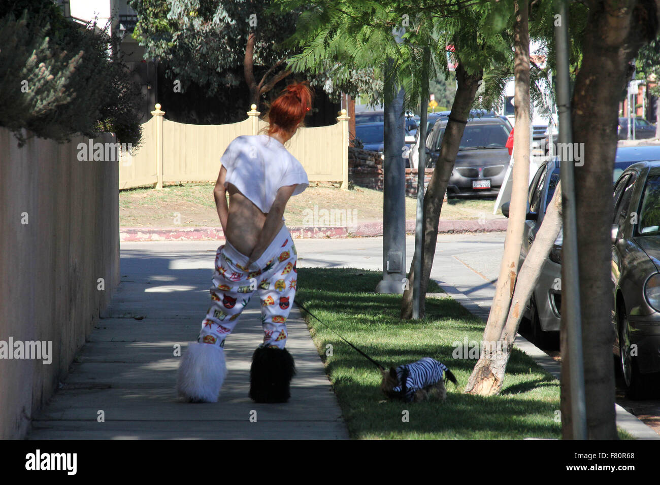 Phoebe prezzo sembra meno glamour rispetto al solito, con mis-matching bianca e stivali di pelliccia, pigiama style fondelli e strappata t-shirt, mentre si cammina per il suo cane in Encino dotate: Phoebe Prezzi Dove: Los Angeles, California, Stati Uniti quando: 02 Nov 2015 Foto Stock