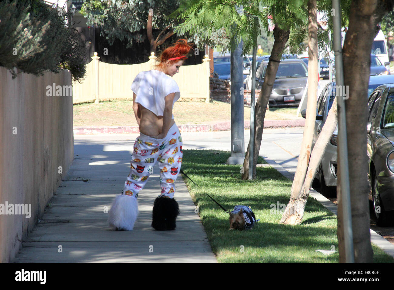 Phoebe prezzo sembra meno glamour rispetto al solito, con mis-matching bianca e stivali di pelliccia, pigiama style fondelli e strappata t-shirt, mentre si cammina per il suo cane in Encino dotate: Phoebe Prezzi Dove: Los Angeles, California, Stati Uniti quando: 02 Nov 2015 Foto Stock