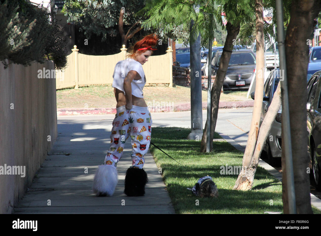 Phoebe prezzo sembra meno glamour rispetto al solito, con mis-matching bianca e stivali di pelliccia, pigiama style fondelli e strappata t-shirt, mentre si cammina per il suo cane in Encino dotate: Phoebe Prezzi Dove: Los Angeles, California, Stati Uniti quando: 02 Nov 2015 Foto Stock
