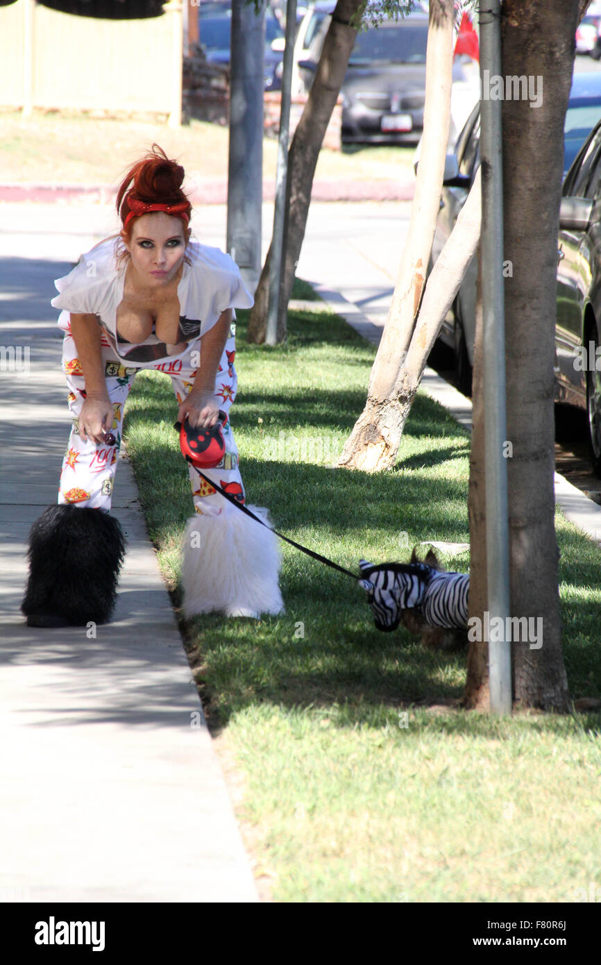 Phoebe prezzo sembra meno glamour rispetto al solito, con mis-matching bianca e stivali di pelliccia, pigiama style fondelli e strappata t-shirt, mentre si cammina per il suo cane in Encino dotate: Phoebe Prezzi Dove: Los Angeles, California, Stati Uniti quando: 02 Nov 2015 Foto Stock