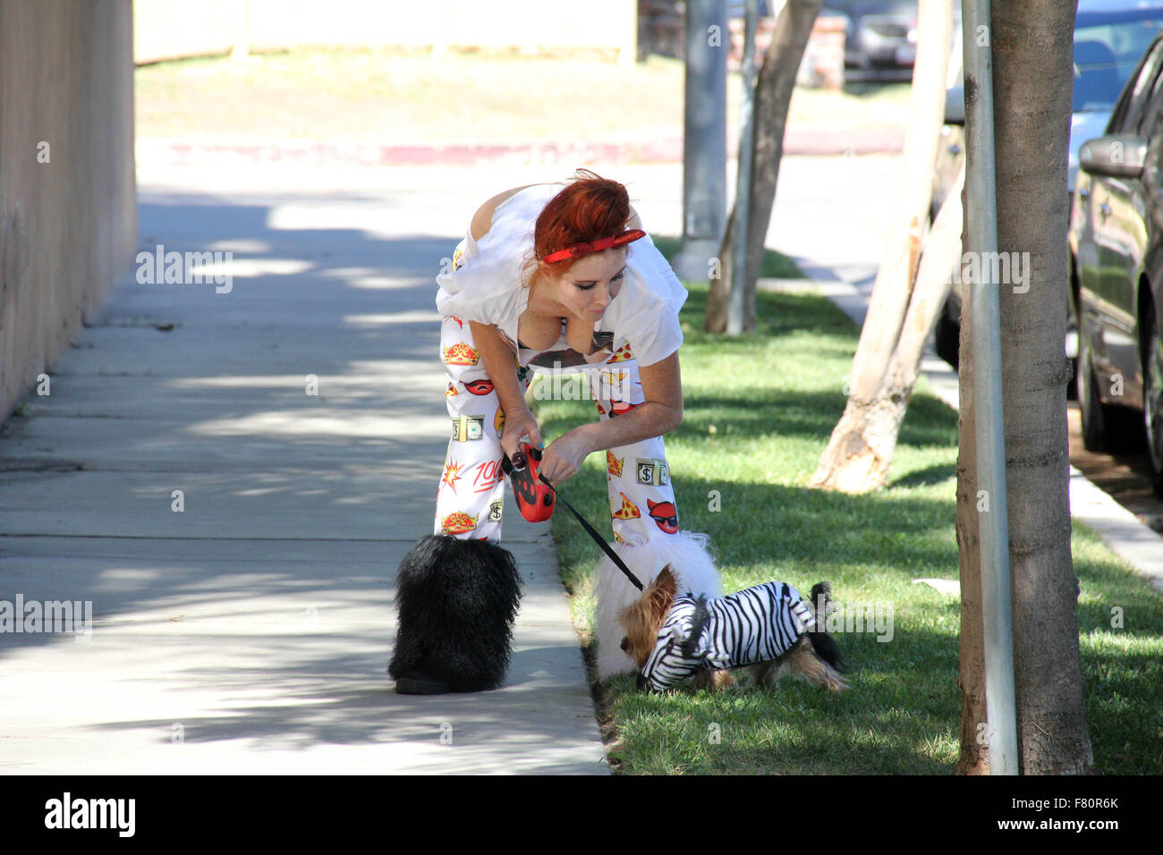 Phoebe prezzo sembra meno glamour rispetto al solito, con mis-matching bianca e stivali di pelliccia, pigiama style fondelli e strappata t-shirt, mentre si cammina per il suo cane in Encino dotate: Phoebe Prezzi Dove: Los Angeles, California, Stati Uniti quando: 02 Nov 2015 Foto Stock