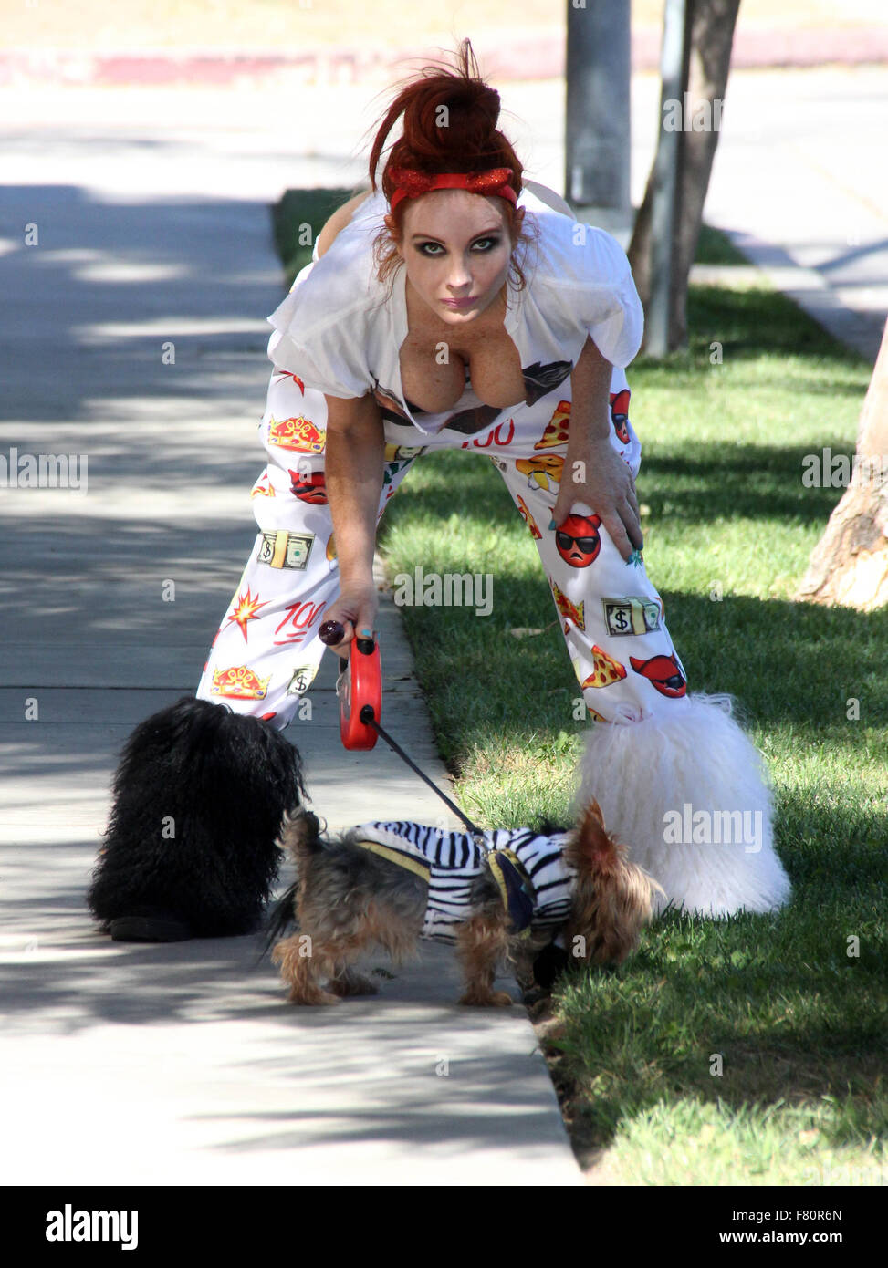 Phoebe prezzo sembra meno glamour rispetto al solito, con mis-matching bianca e stivali di pelliccia, pigiama style fondelli e strappata t-shirt, mentre si cammina per il suo cane in Encino dotate: Phoebe Prezzi Dove: Los Angeles, California, Stati Uniti quando: 02 Nov 2015 Foto Stock