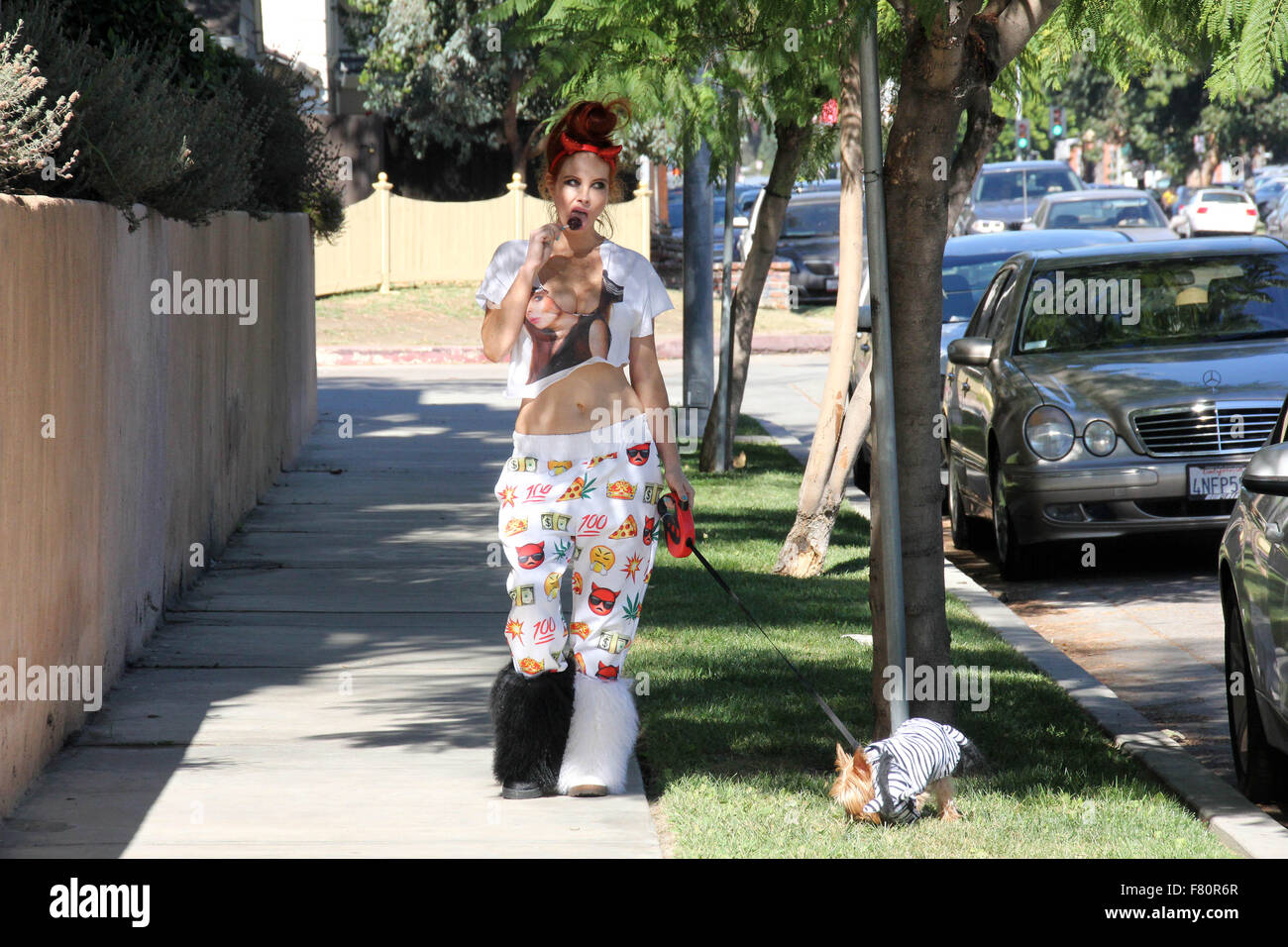Phoebe prezzo sembra meno glamour rispetto al solito, con mis-matching bianca e stivali di pelliccia, pigiama style fondelli e strappata t-shirt, mentre si cammina per il suo cane in Encino dotate: Phoebe Prezzi Dove: Los Angeles, California, Stati Uniti quando: 02 Nov 2015 Foto Stock