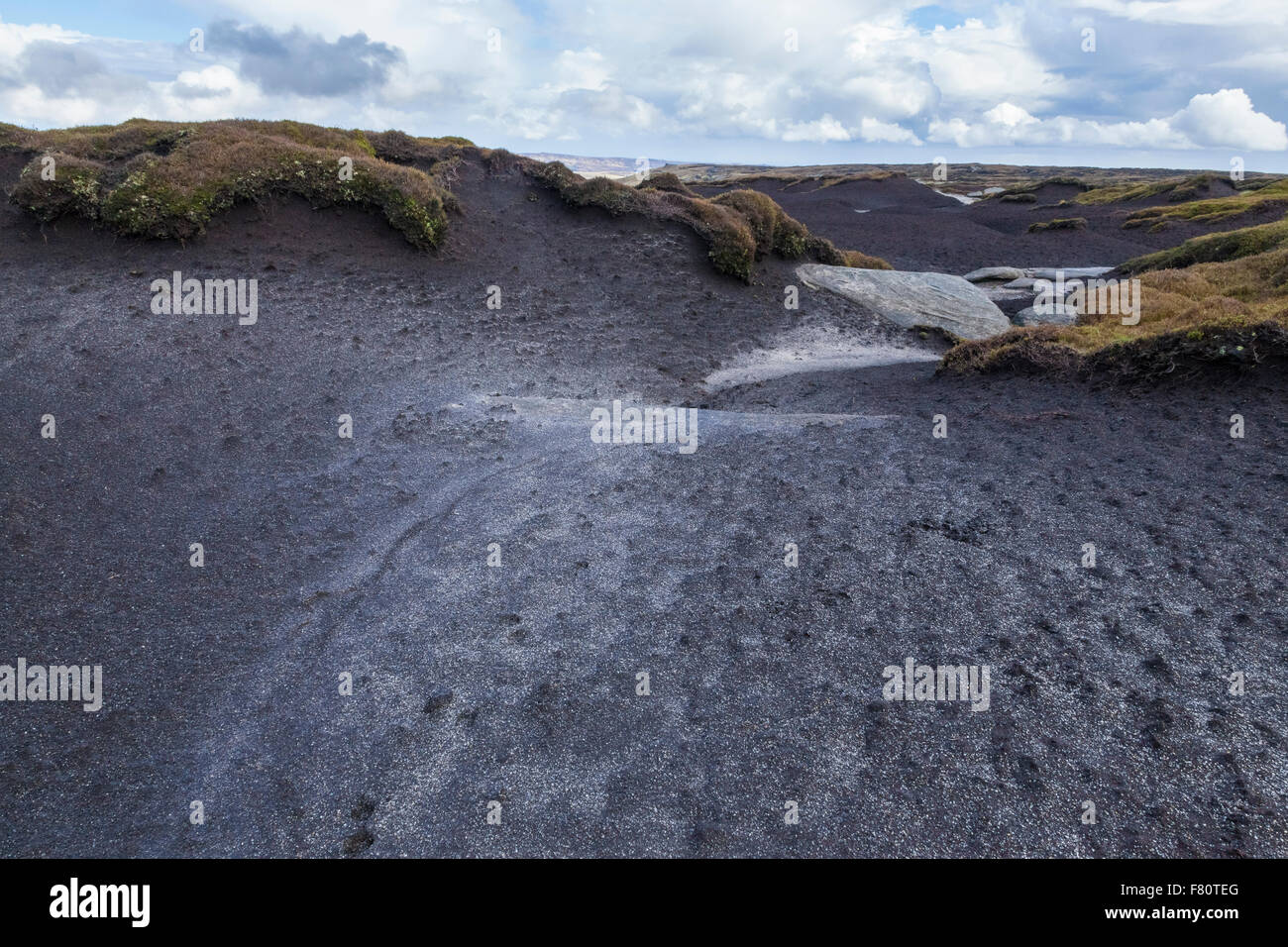 Esposta la torba con poca copertura della vegetazione su eroso la brughiera. Kinder Scout, Derbyshire, Peak District, England, Regno Unito Foto Stock