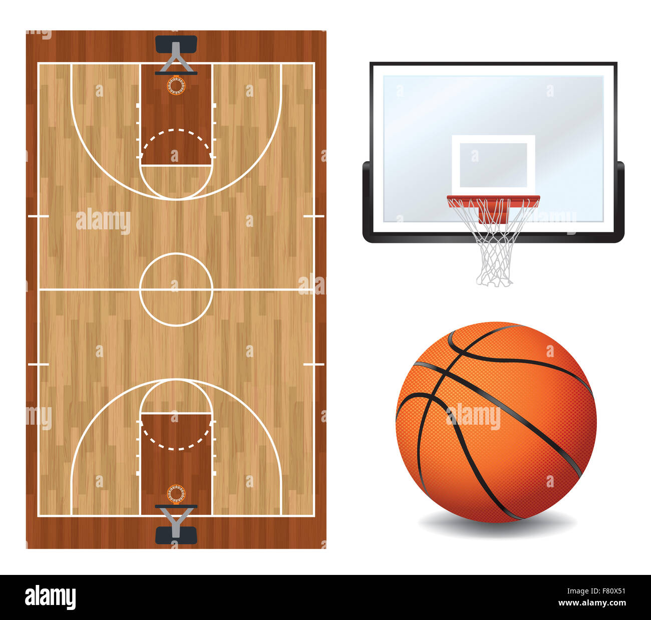 Un campo da pallacanestro, campo da basket e tavola spinale e hoop illustrazione. Foto Stock