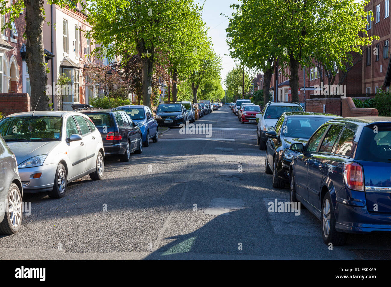 Parcheggio sulla strada Una strada alberata con auto parcheggiate su entrambi i lati, West Bridgford, Nottinghamshire, England, Regno Unito Foto Stock