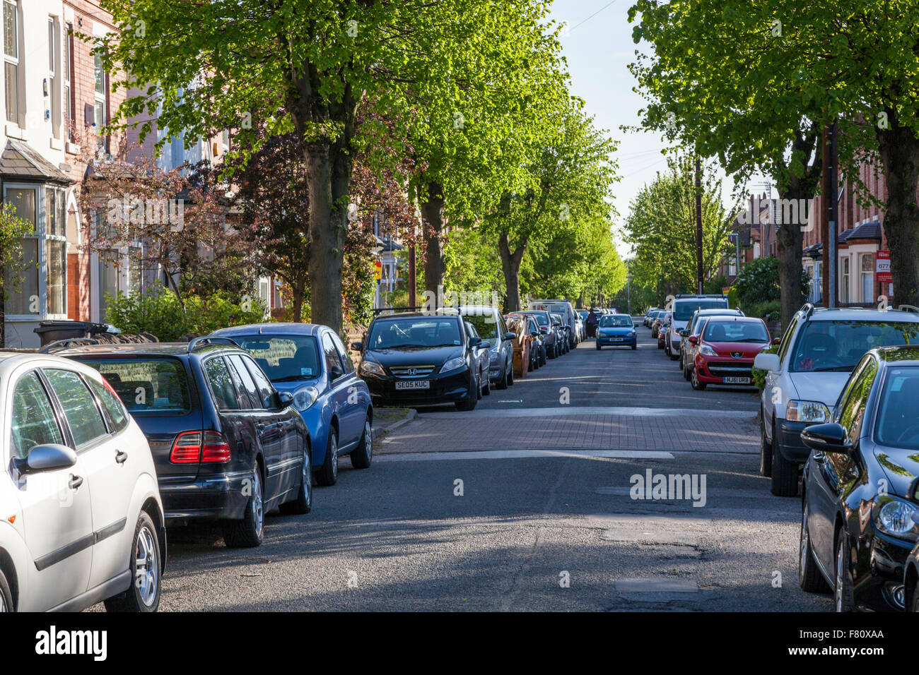 Via alberata con macchine parcheggiate su entrambi i lati della strada e di un automobile che viaggia tra gli alberi, West Bridgford, Nottinghamshire, England, Regno Unito Foto Stock