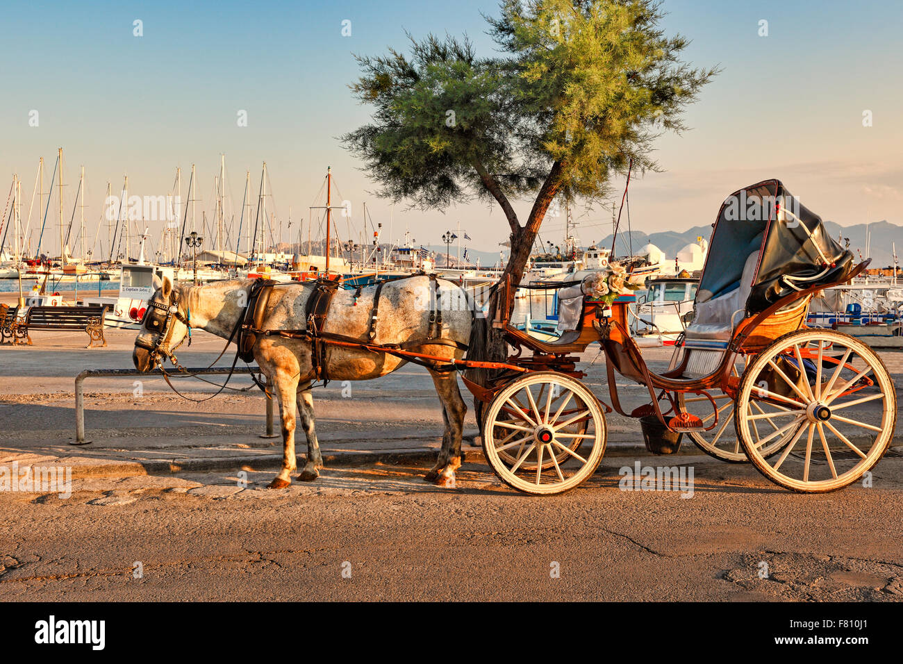 Un carro trainato da cavalli nel porto di Aegina Island, Grecia Foto Stock