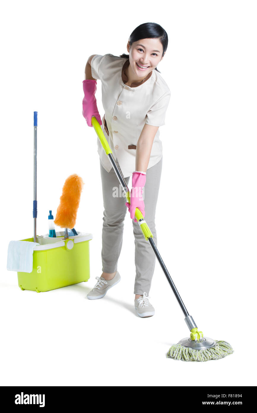 Il detergente tenendo un mop Foto Stock