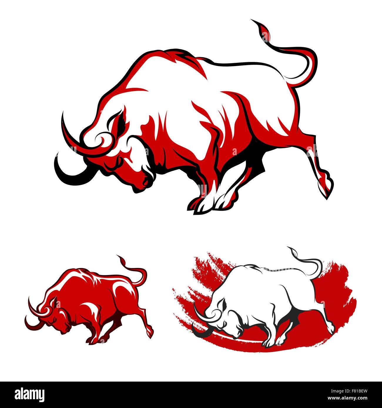 Lotta al toro emblema set. Esecuzione di Angry Bull in tre varianti. Isolato su sfondo bianco. Illustrazione Vettoriale