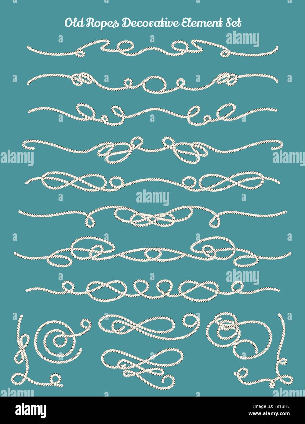 Set di corda di vecchi elementi di design. Disegnato in stile vintage. Nodi, angoli, i divisori e le intestazioni. Illustrazione Vettoriale