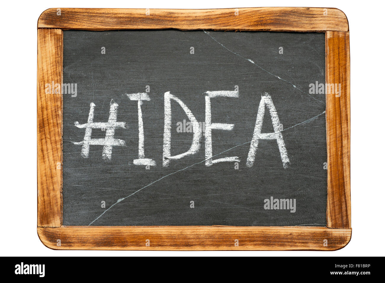 Idea hashtag manoscritta su vintage scuola scheda di ardesia isolato su bianco Foto Stock
