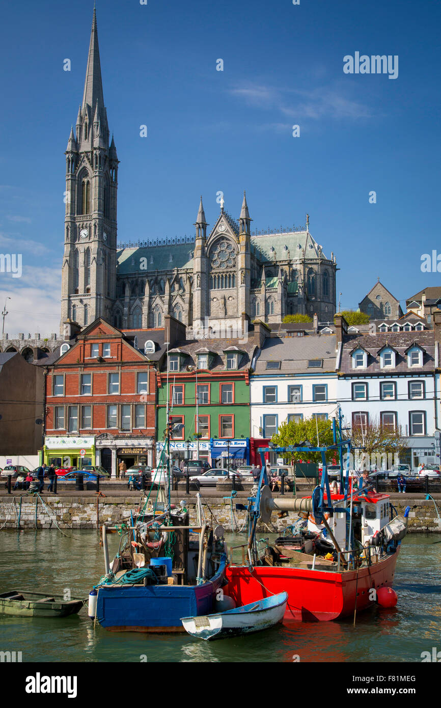 Barche da pesca al di sotto di San Coleman Cattedrale e la città di Cobh, Irlanda Irlanda Foto Stock