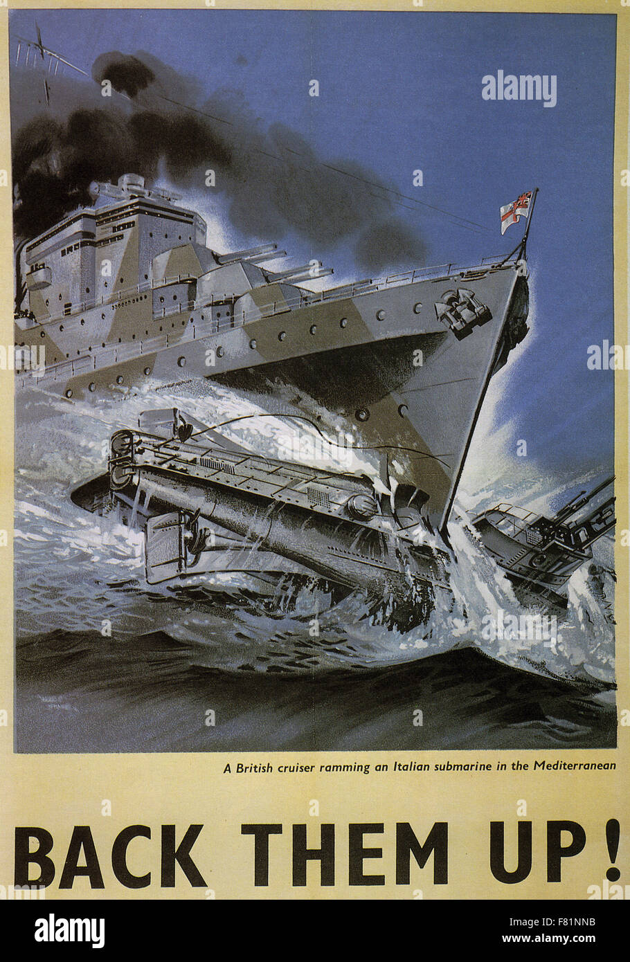 Il loro BACKUP ! British WW2 poster su 1943 mostra un Royal Navy cruiser pistonamenti un sommergibile italiano nel mediterraneo. Artwork da Marc Stone Foto Stock