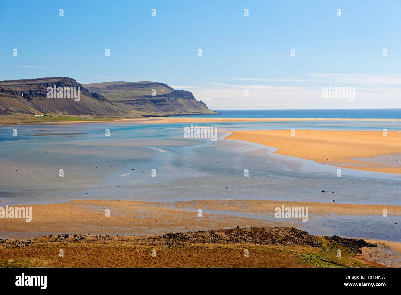 Raudissandur è una fantastica rosso/rosa spiaggia di sabbia nel Westfjords dell Islanda. Foto Stock
