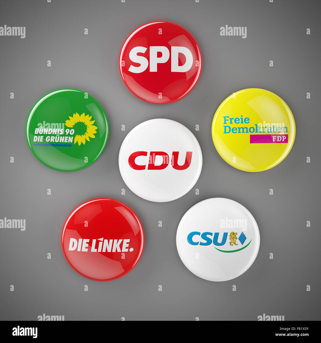 I pulsanti dei gruppi pöitical del Bundestag tedesco che mostra la SPD e CDU, Die Gruenen, FDP, Die Linke e CSU. Foto Stock
