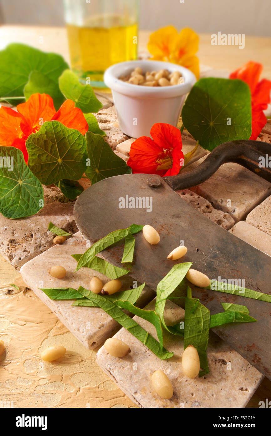 I Nasturzi freschi Fiori e foglie di essere preparato per insalata Foto Stock
