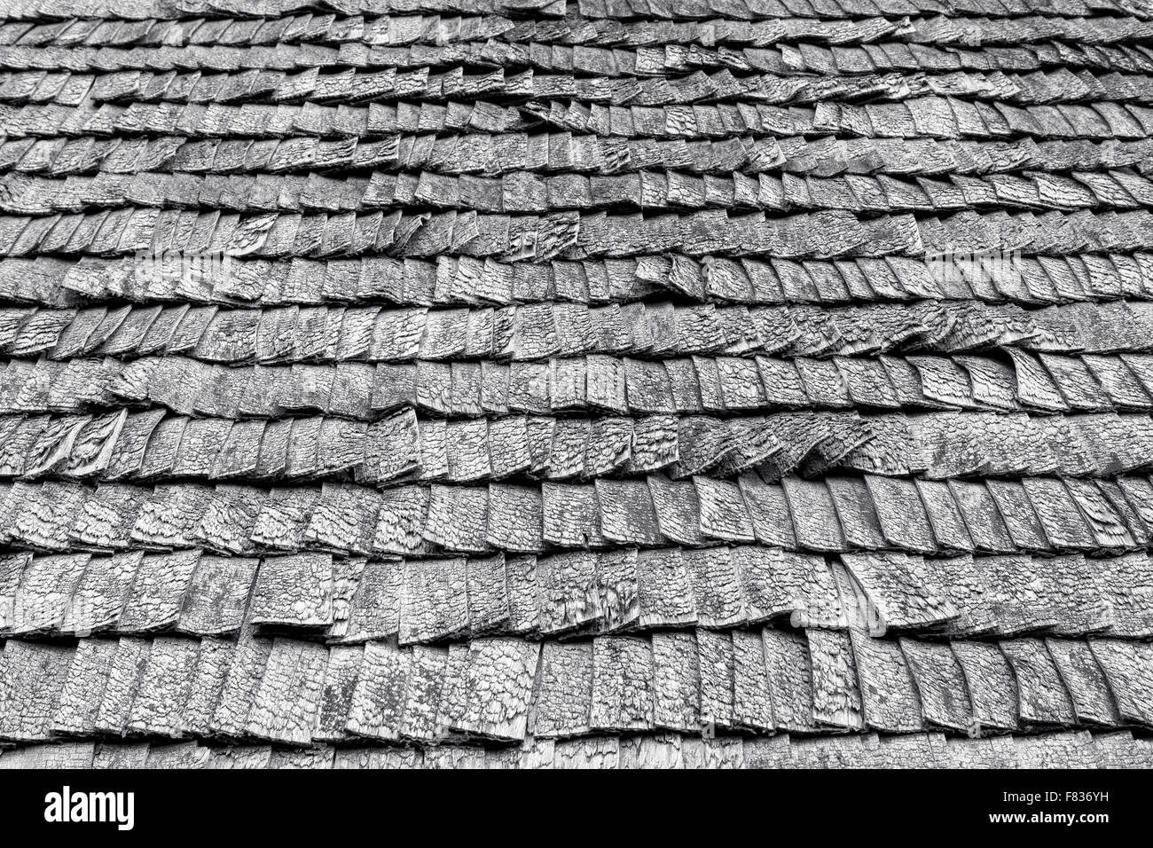 Immagine in bianco e nero di legno stagionato tegole del tetto Foto Stock