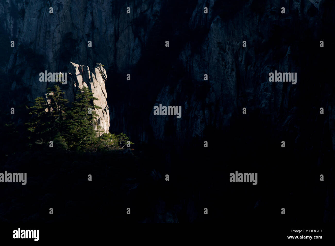 La luce del sole la cattura di affioramento roccioso retroilluminato pendici boscose montagne giallo (Huangshan) - luce all'alba della provincia di Anhui Cina LA008640 Foto Stock