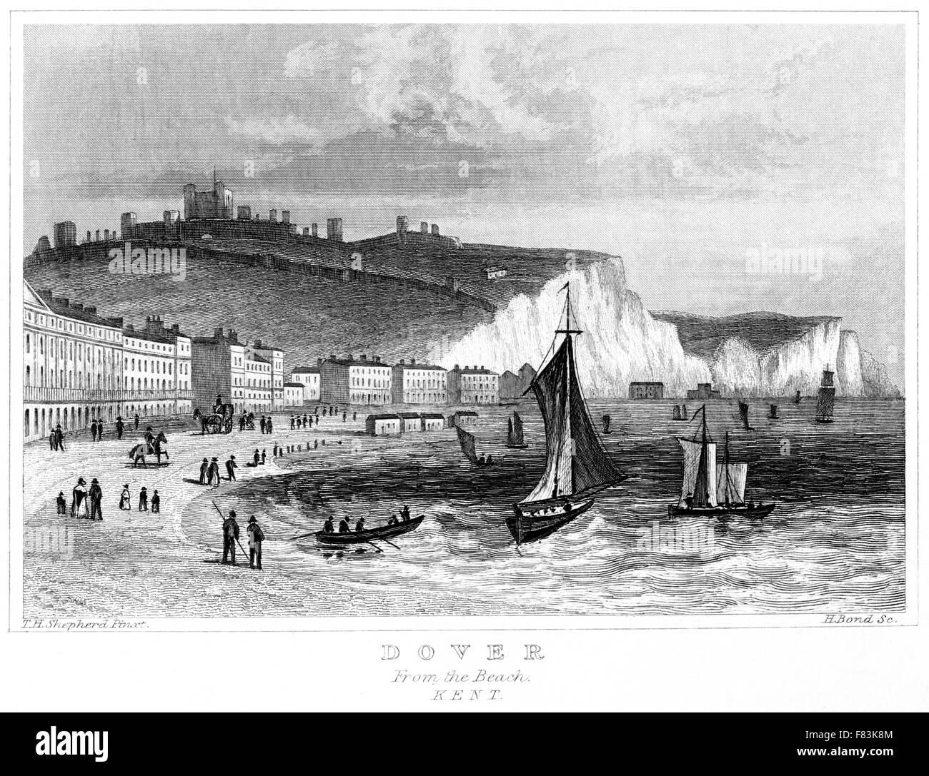 Una incisione di Dover dalla spiaggia, Kent scansionati ad alta risoluzione da un libro stampato intorno al 1850. Ritiene copyright free. Foto Stock