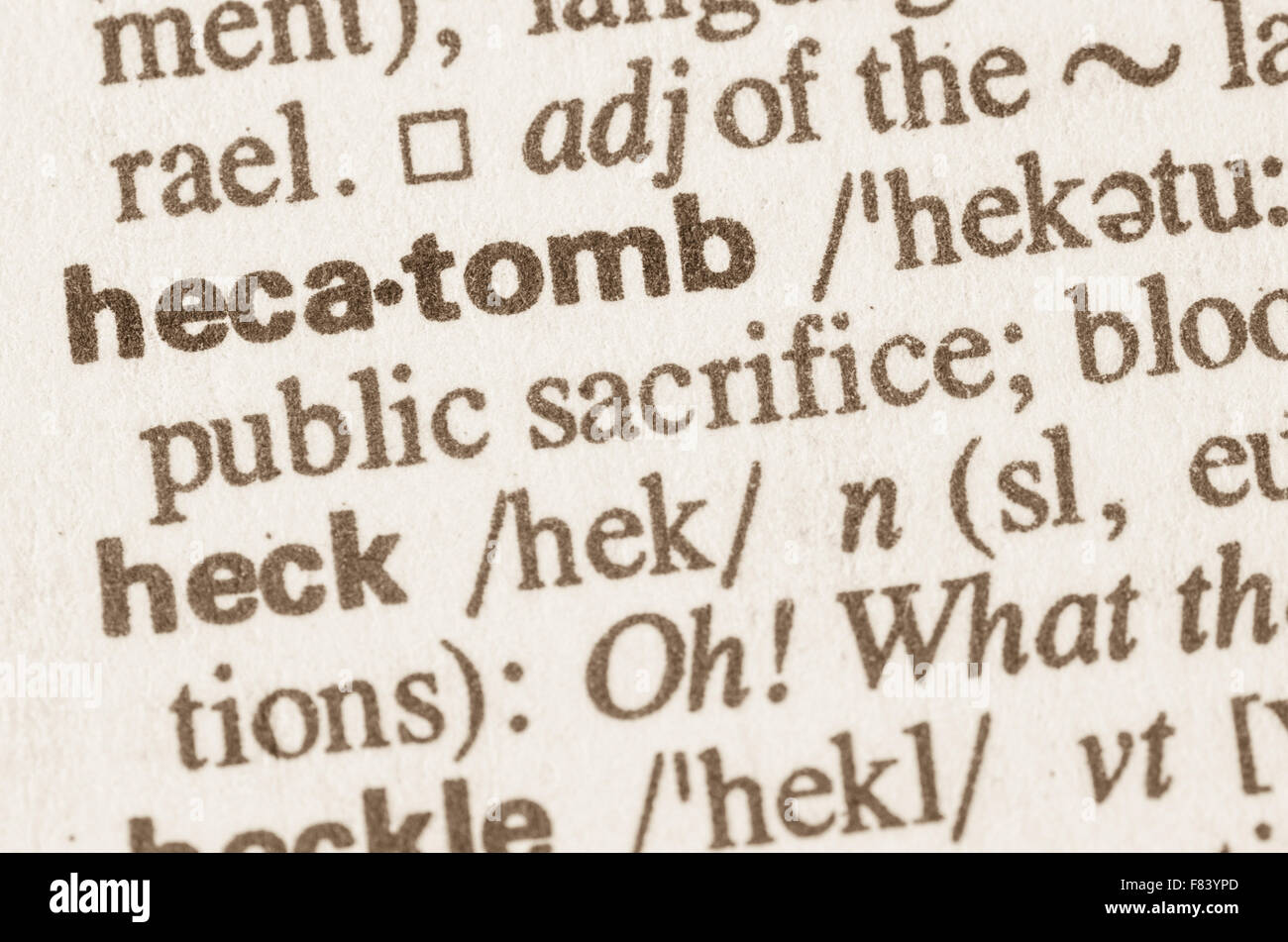 Definizione di hecatomb parola nel dizionario Foto Stock