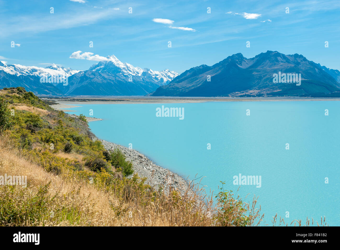 Lago Pukaki e Mount Cook, isola del Sud, Nuova Zelanda Foto Stock
