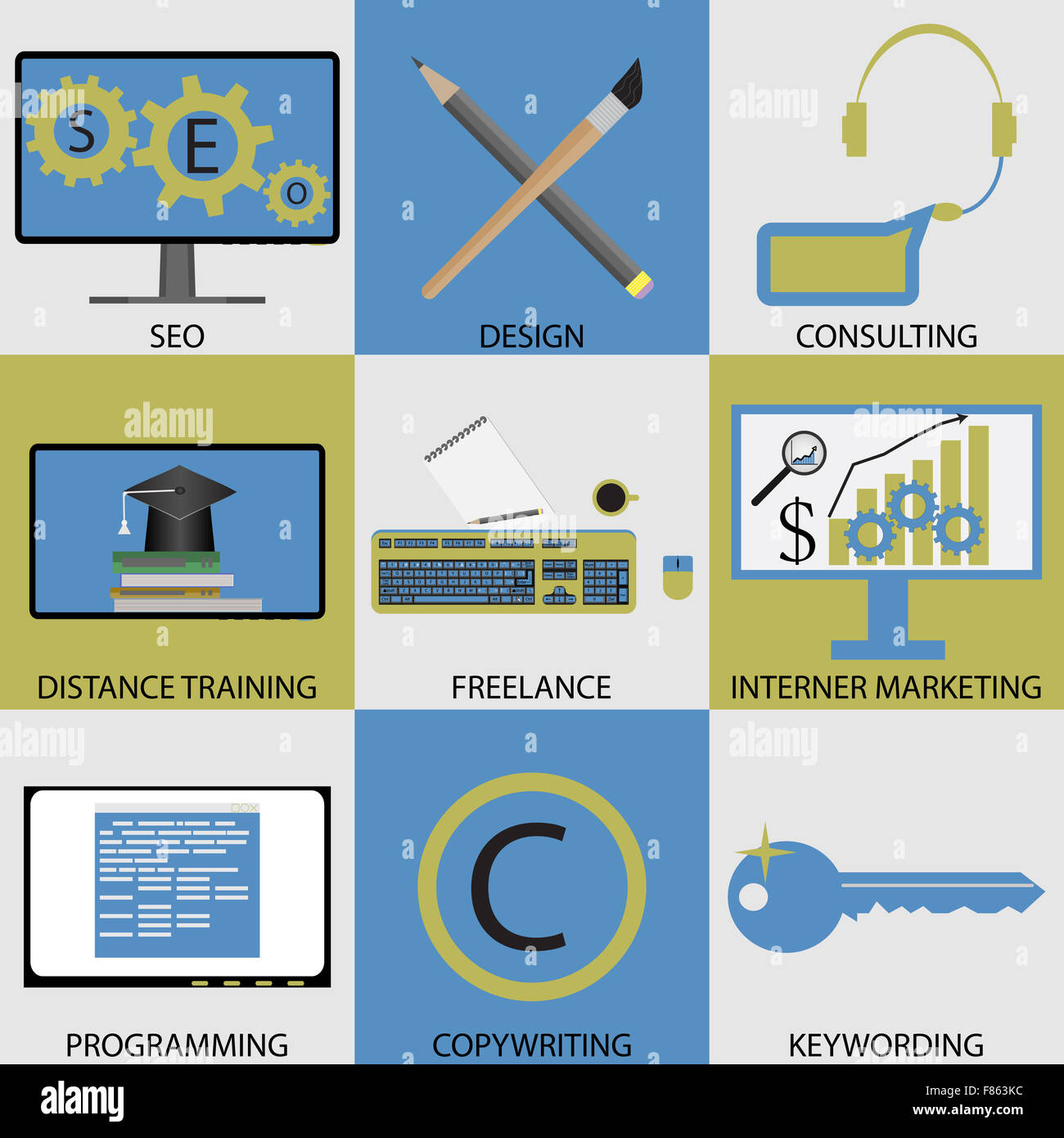 Il set di icone di concetto di lavoro remoto. Seo e progettazione, consulenza e formazione a distanza, freelance e internet marketing, programmazione Foto Stock