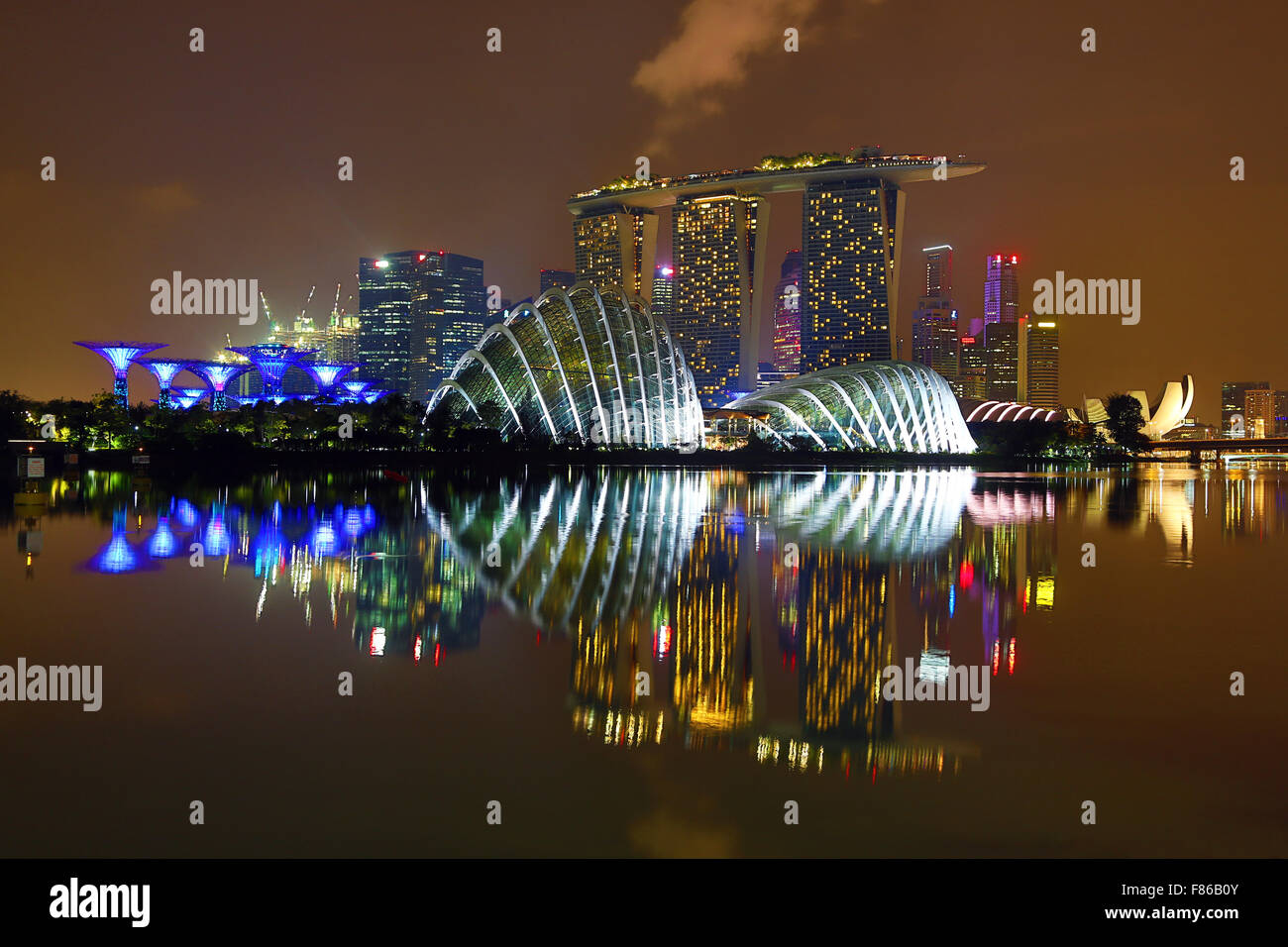 Scena notturna dello skyline della città di Singapore che mostra il fiore Cupola e Cloud Forest cupole e Supertrees Grove nei giardini Foto Stock