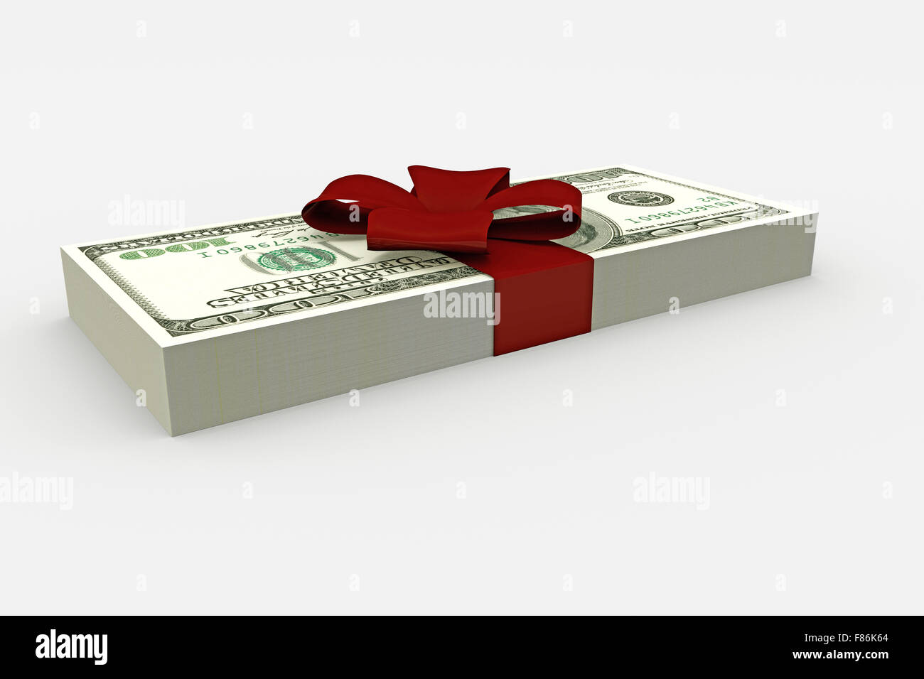 Dollar pila con nastro rosso isolato su sfondo bianco Foto Stock