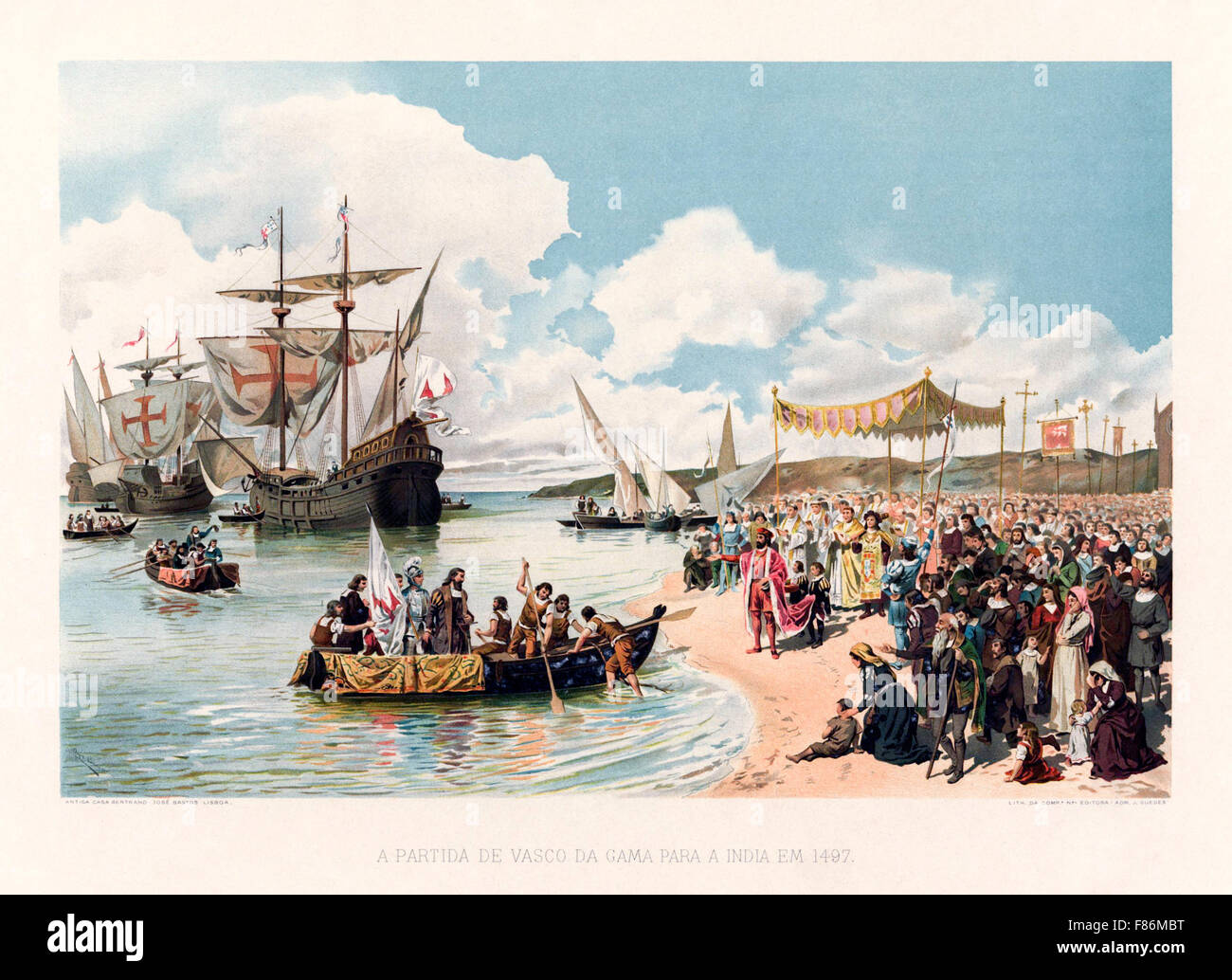 La partenza di Vasco de Gama in India nel 1497. In data 8 luglio Vasco da Gama ha portato una flotta di quattro navi con un equipaggio di 170 uomini da Lisbona, Portogallo. Litografia a colori di acquerelli di Alfredo Roque Gameiro (1864-1935) pittore portoghese e designer. Vedere immagine F86R41 per una rappresentazione del suo arrivo in India nel 1498 Foto Stock