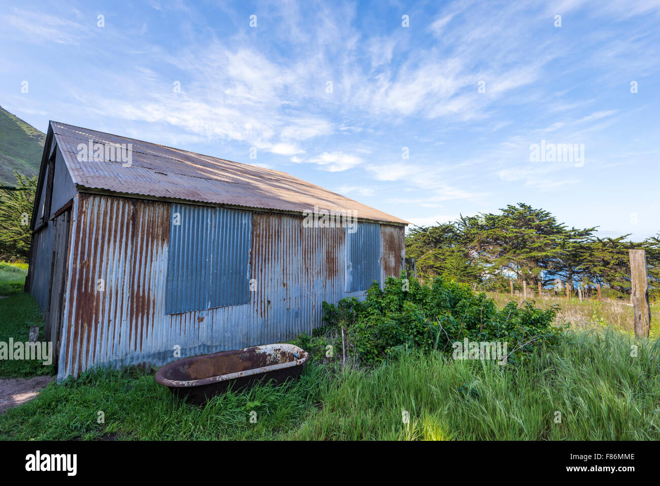 Metallo fatiscente fienile. Garrapata State Park, California, Stati Uniti. Foto Stock