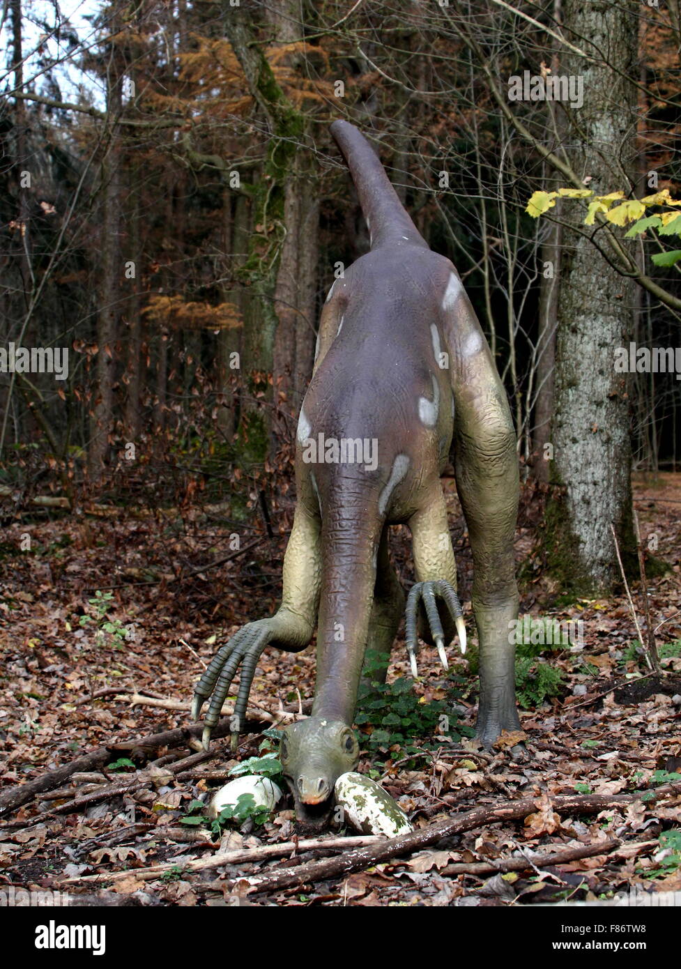 Ornithomimus, una piccola Cretaceo-ser carnivore e uova di dinosauro mangiare, a Dinopark Zoo di Amersfoort, Paesi Bassi Foto Stock