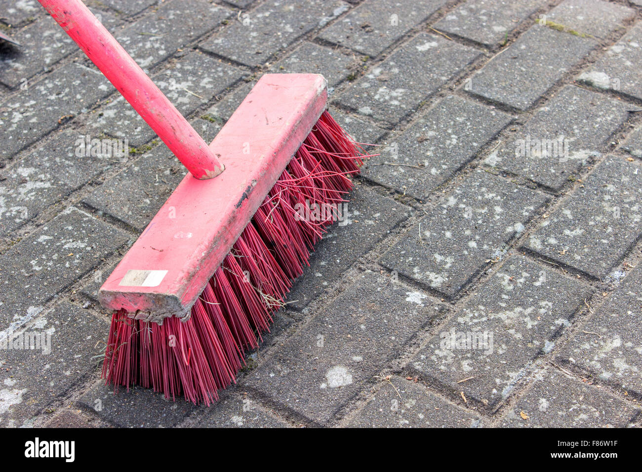 Scopa rosa sull'acciottolato Foto Stock