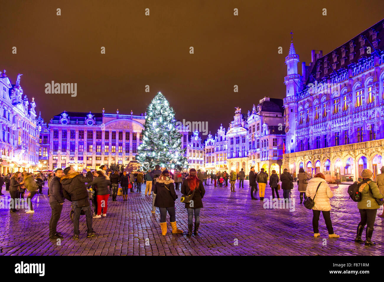 Tempo di Natale a Bruxelles, in Belgio, un enorme albero di Natale sulla Grand Place, con facciate illuminate delle vecchie case intorno Foto Stock