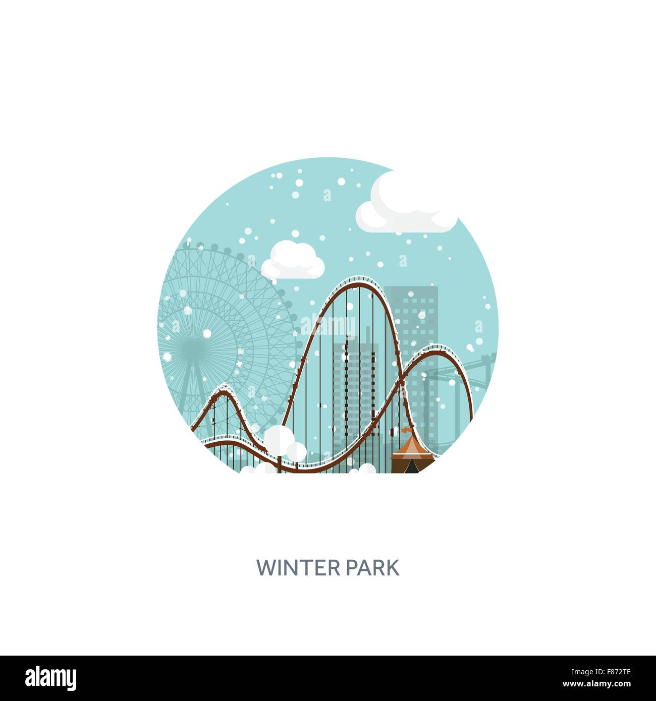 Illustrazione Vettoriale. Ruota panoramica Ferris. Winter Carnival. Natale e Capodanno. Parco con la neve. Roller Coaster. Illustrazione Vettoriale