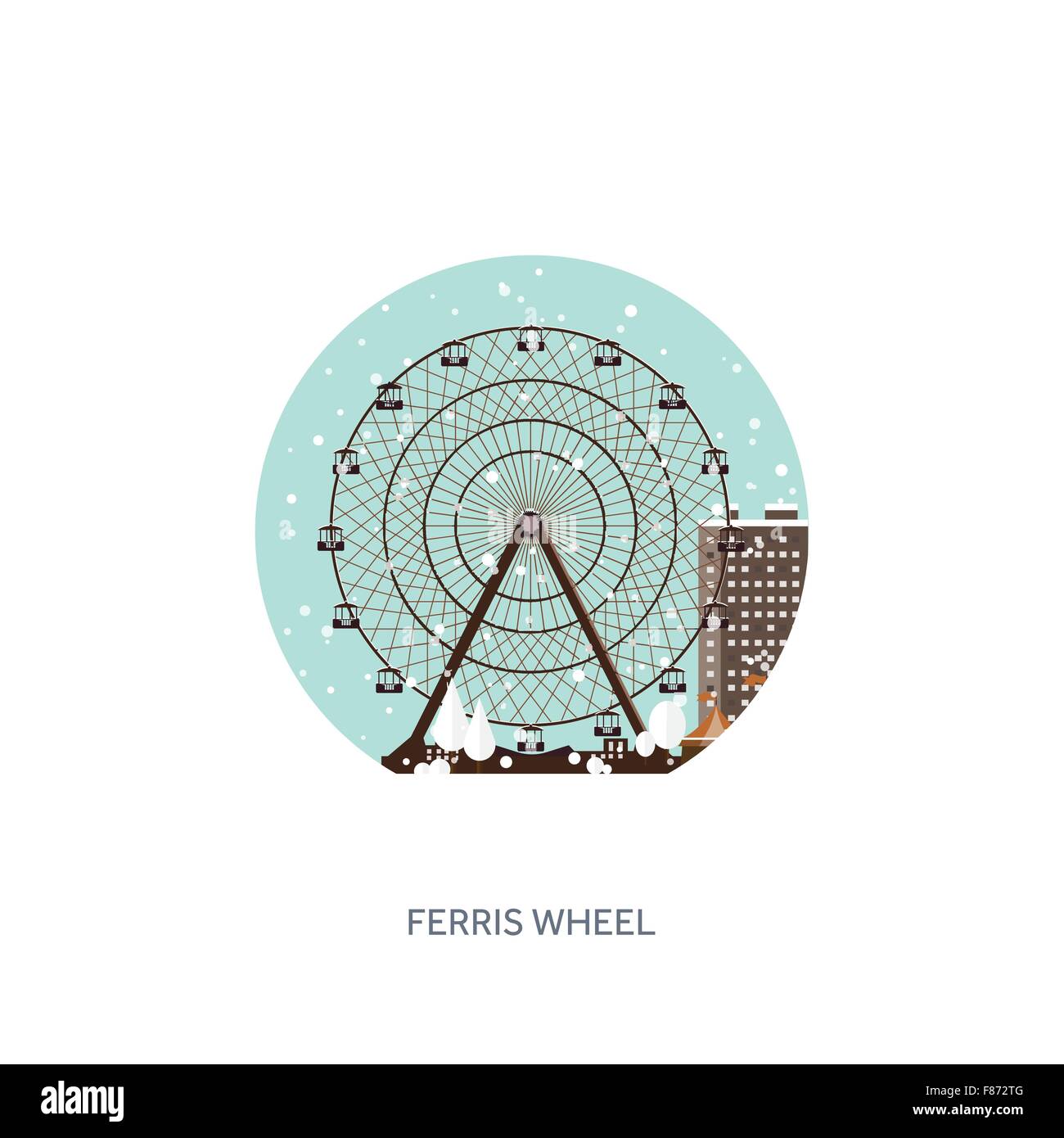 Illustrazione Vettoriale. Ruota panoramica Ferris. Winter Carnival. Natale e Capodanno. Parco con la neve. Roller Coaster. Illustrazione Vettoriale