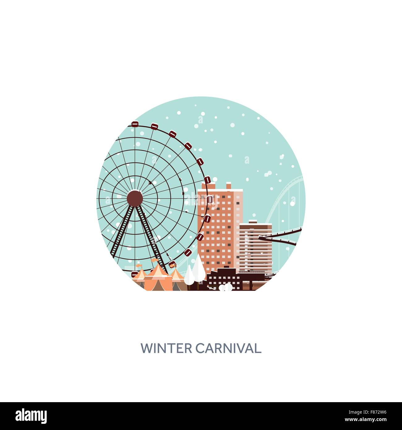Illustrazione Vettoriale. Ruota panoramica Ferris. Winter Carnival. Natale e Capodanno. Parco con la neve. Roller Coaster. Illustrazione Vettoriale
