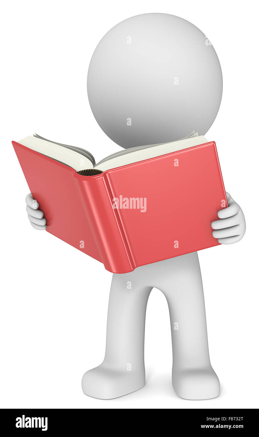 Dude 3D carattere holding e la lettura del libro rosso. Vista frontale. Foto Stock