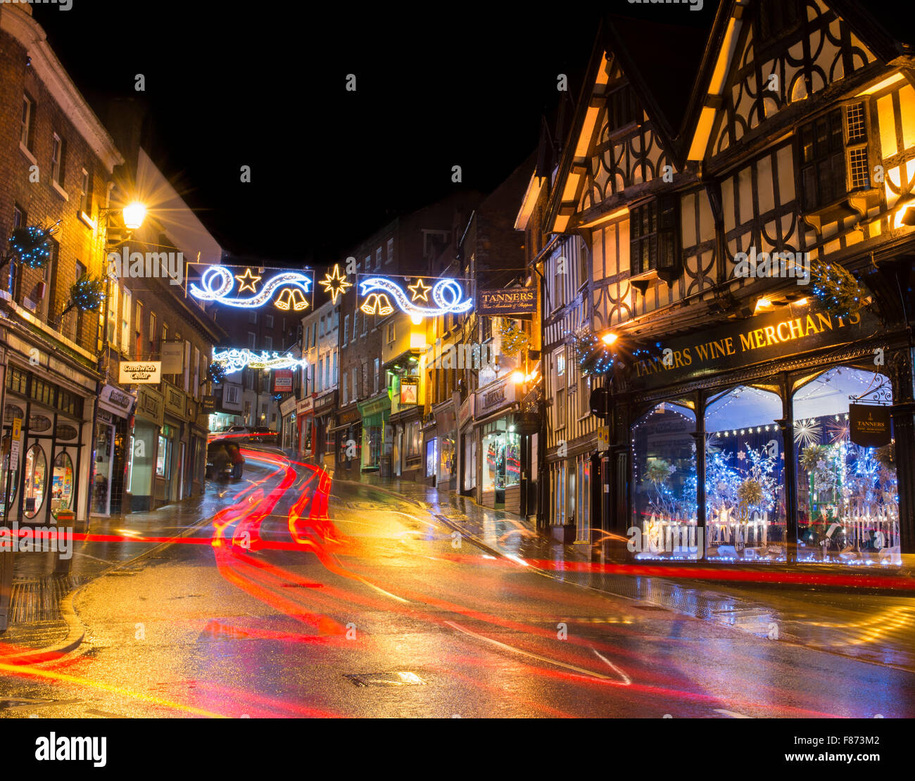 Natale a Wyle Cop a Shrewsbury, Shropshire. Foto Stock