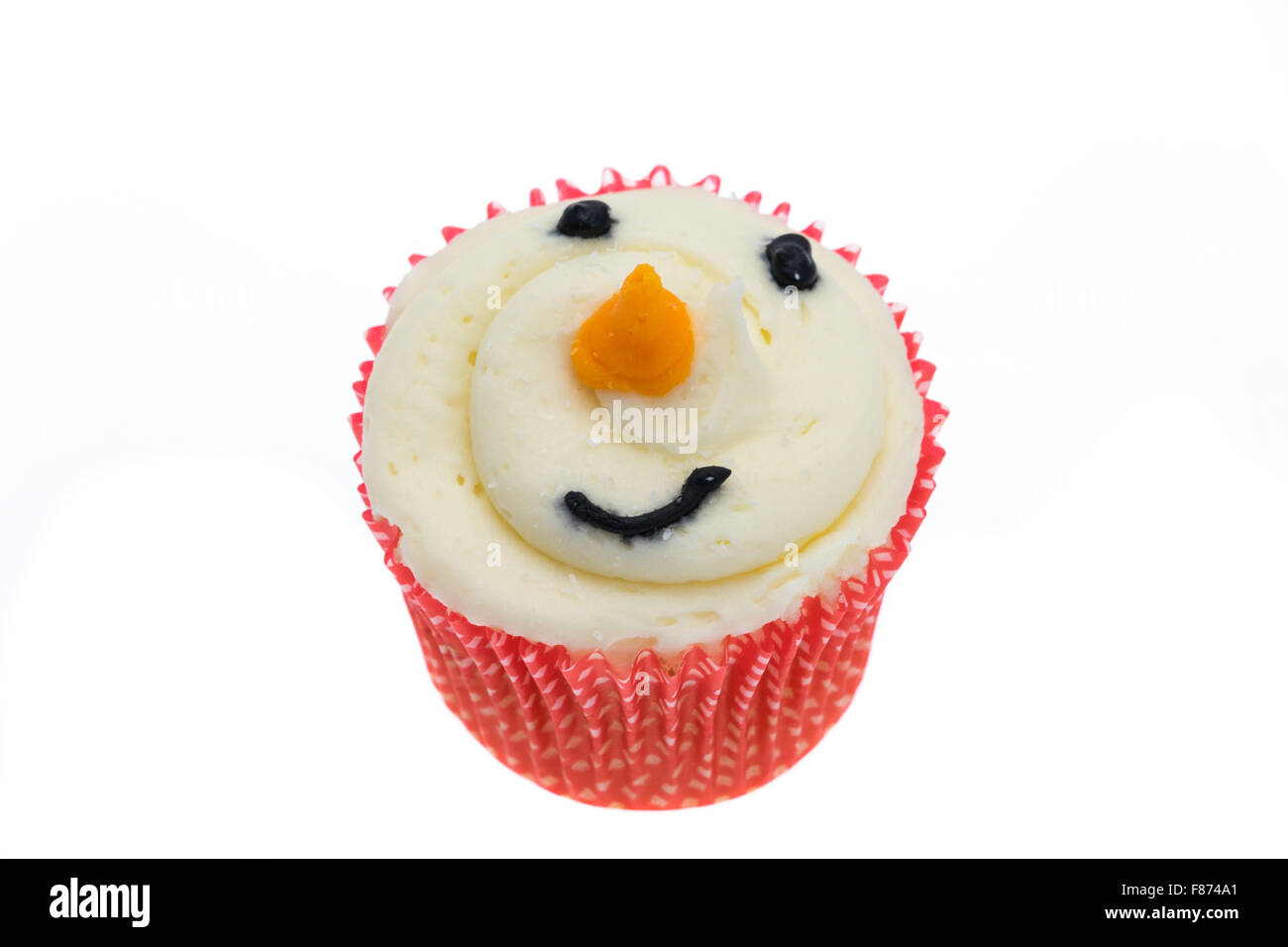 Pupazzo di neve faccia cupcake - studio shot con uno sfondo bianco Foto Stock