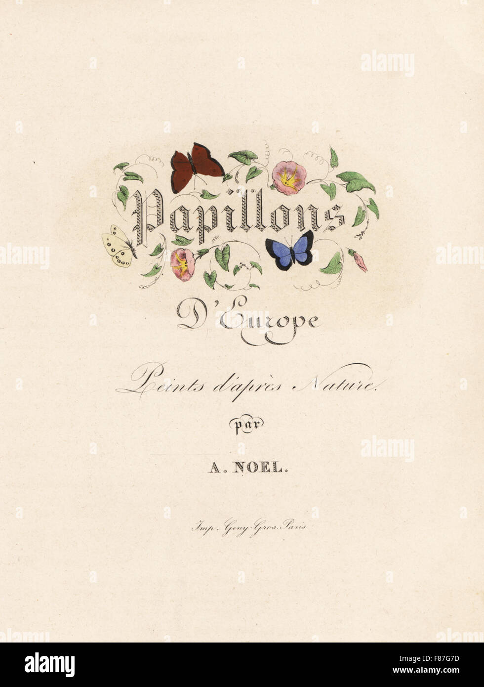 Pagina titolo con la calligrafia decorativo tra fiori e farfalle. Handcolored incisione in acciaio dai fratelli Pauquet dopo una illustrazione da Alexis Nicolas Noel da Hippolyte Lucas Storia naturale della politica europea di farfalle, Histoire Naturelle des Lepidopteres d'Europa, 1864. Foto Stock