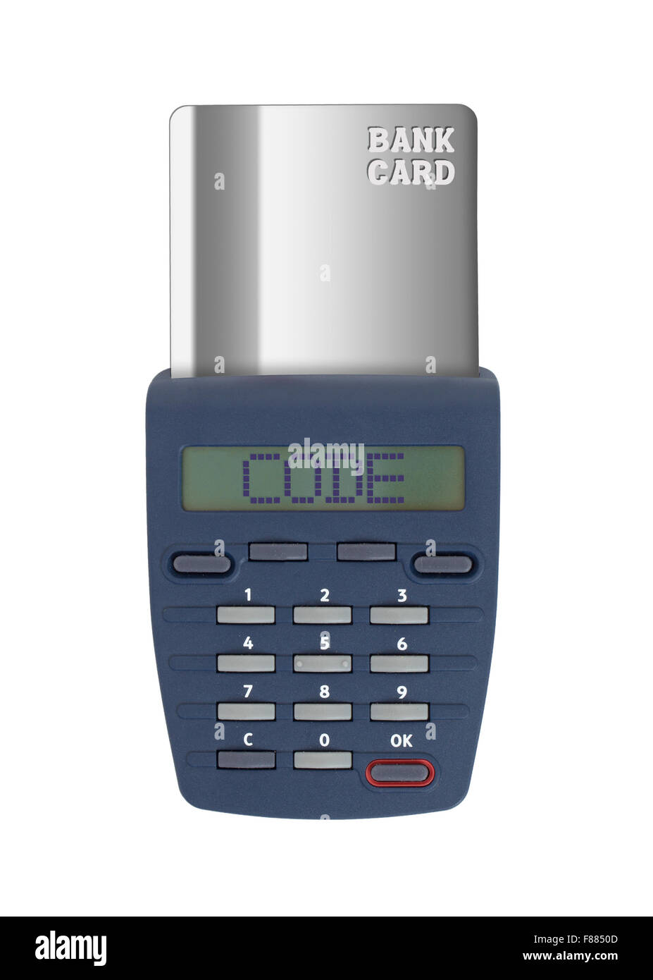 Dispositivo di sicurezza per il settore bancario a casa, isolato su bianco, codice Foto Stock