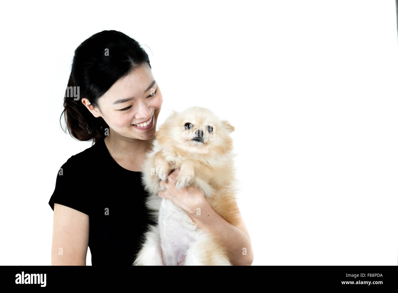 Carino ragazza asiatica holding cane di Pomerania, isolato su sfondo bianco Foto Stock