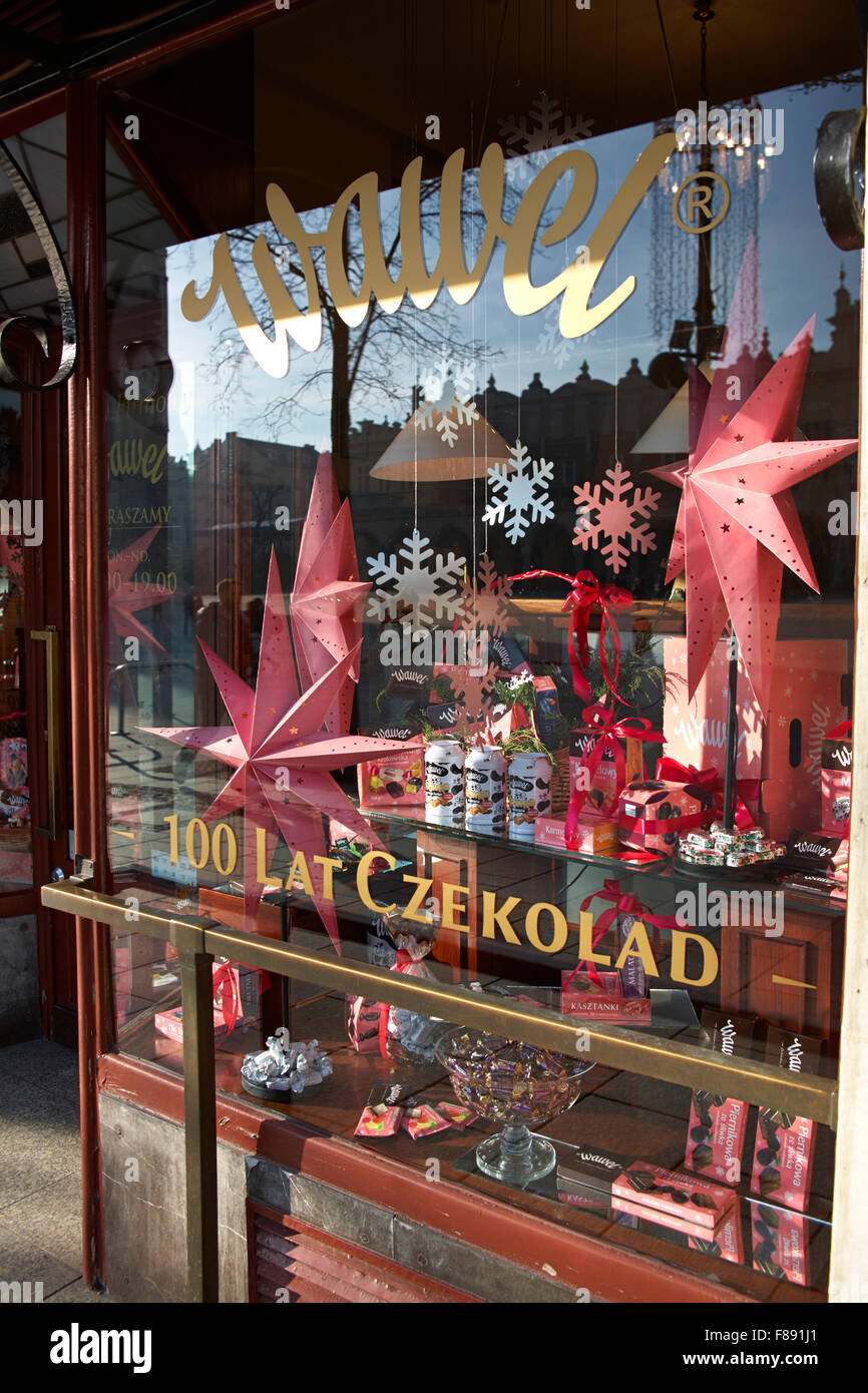 Polonia Cracovia Wawel dolce al cioccolato Shop principale Piazza Rynek Glowny finestra Foto Stock