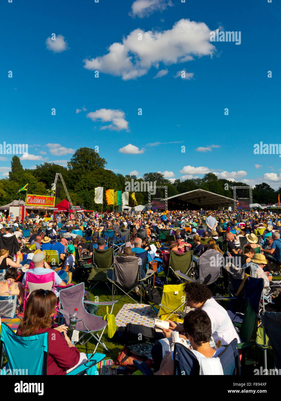 Folla godendo di un'esibizione presso il Festival del Folk di Cambridge che si tiene ogni estate al Cherry Hinton in Cambridgeshire England Regno Unito Foto Stock