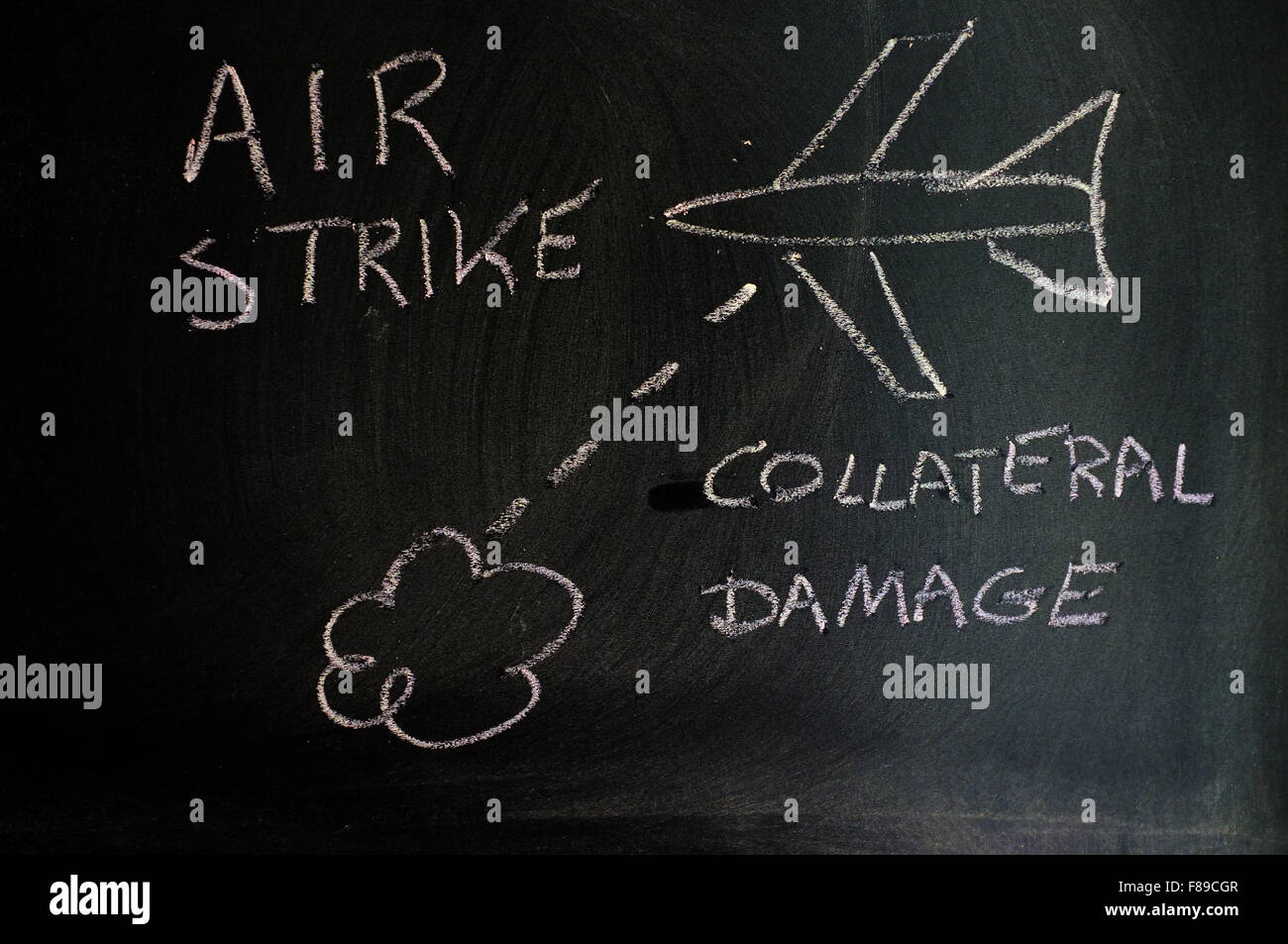 Una immagine di un airstrike con testo scritto su una lavagna in gesso. Foto Stock