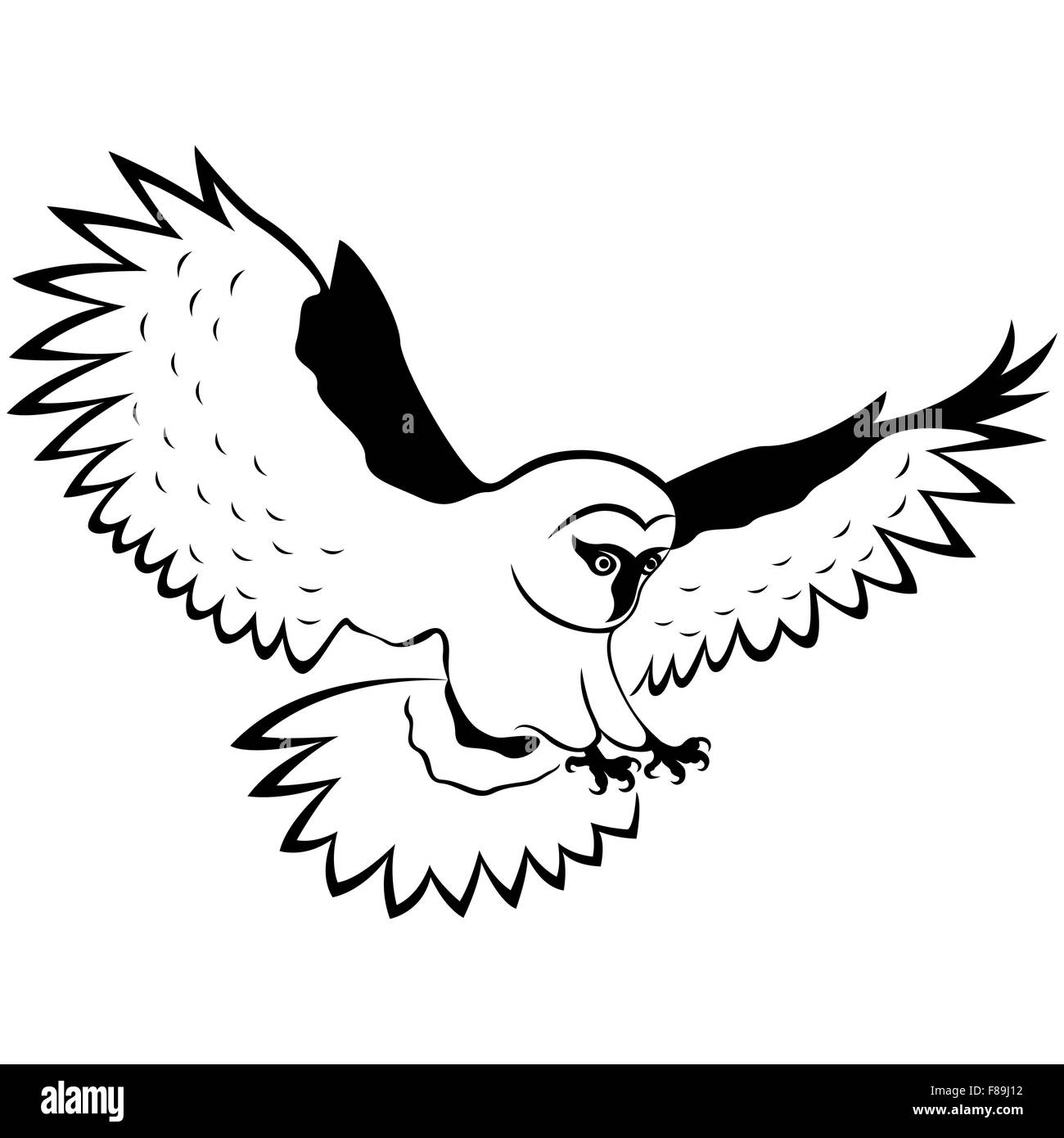 Divertente gufo in volo con ali distesa ampia e artigli affilati, mano disegno vettoriale di delineare isolato su uno sfondo bianco Illustrazione Vettoriale
