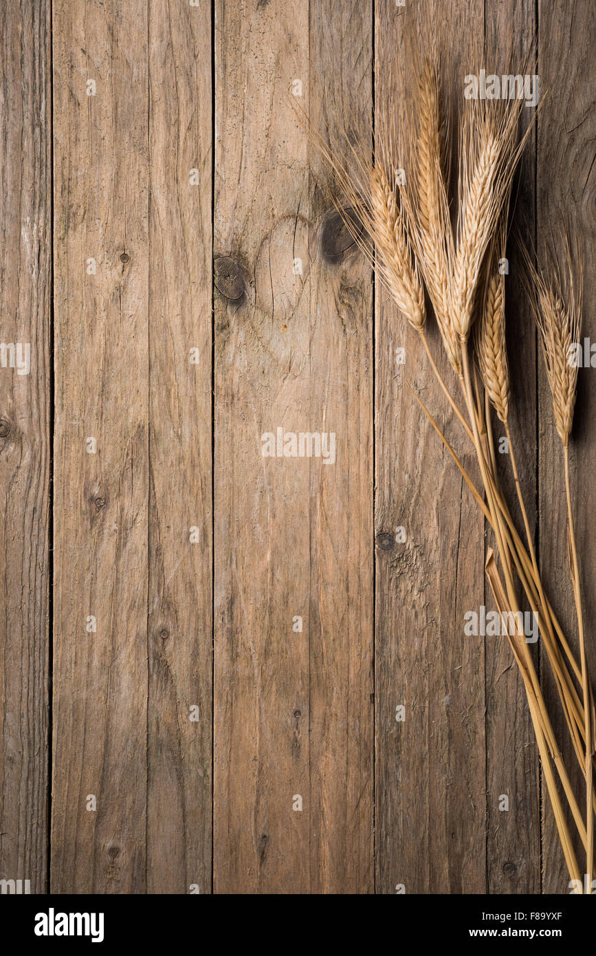 Orecchio grani sul tavolo di legno Foto Stock